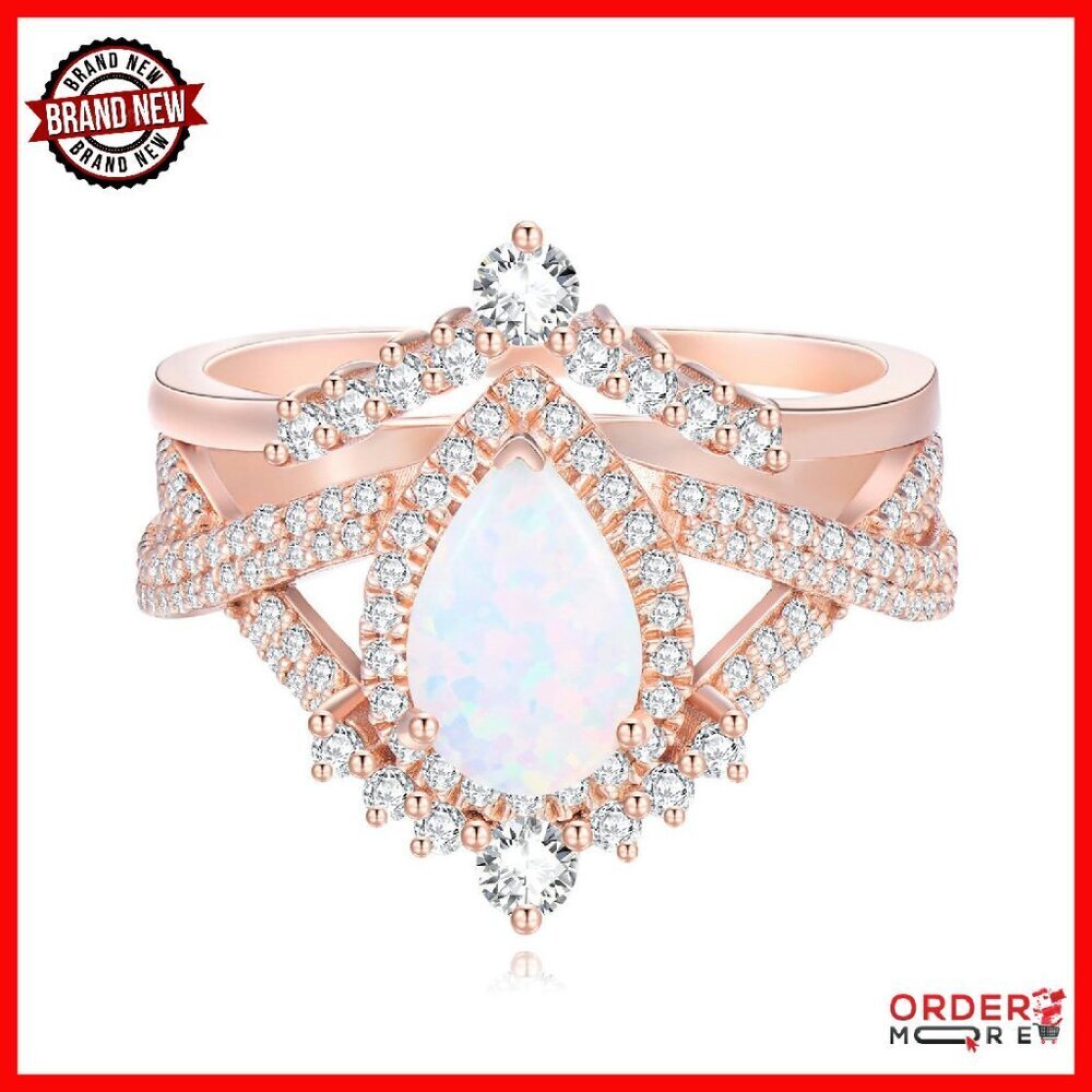 1.5ct Pear Opal Engagement Ring Set Sterling Silver Rose Gold Size 5